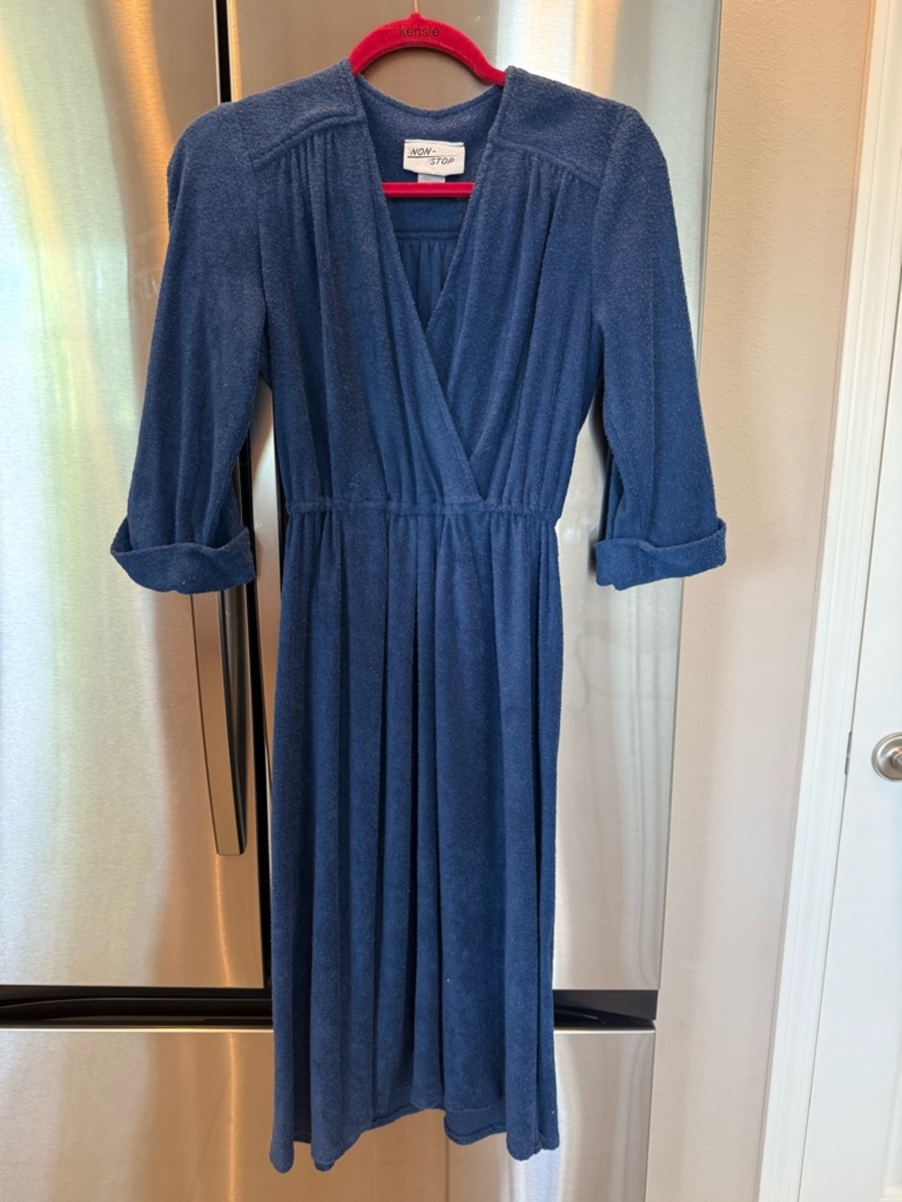 Vintage 70s Blue Terry Knit Wrap Dress Soft Minimal Elastic Waist